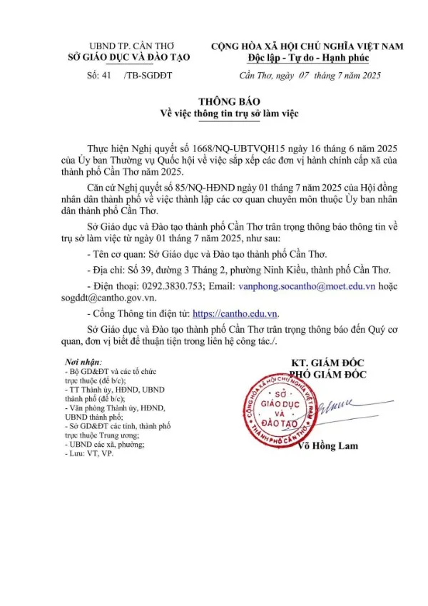 THÔNG BÁO THÔNG TIN TRỤ SỞ LÀM VIỆC 